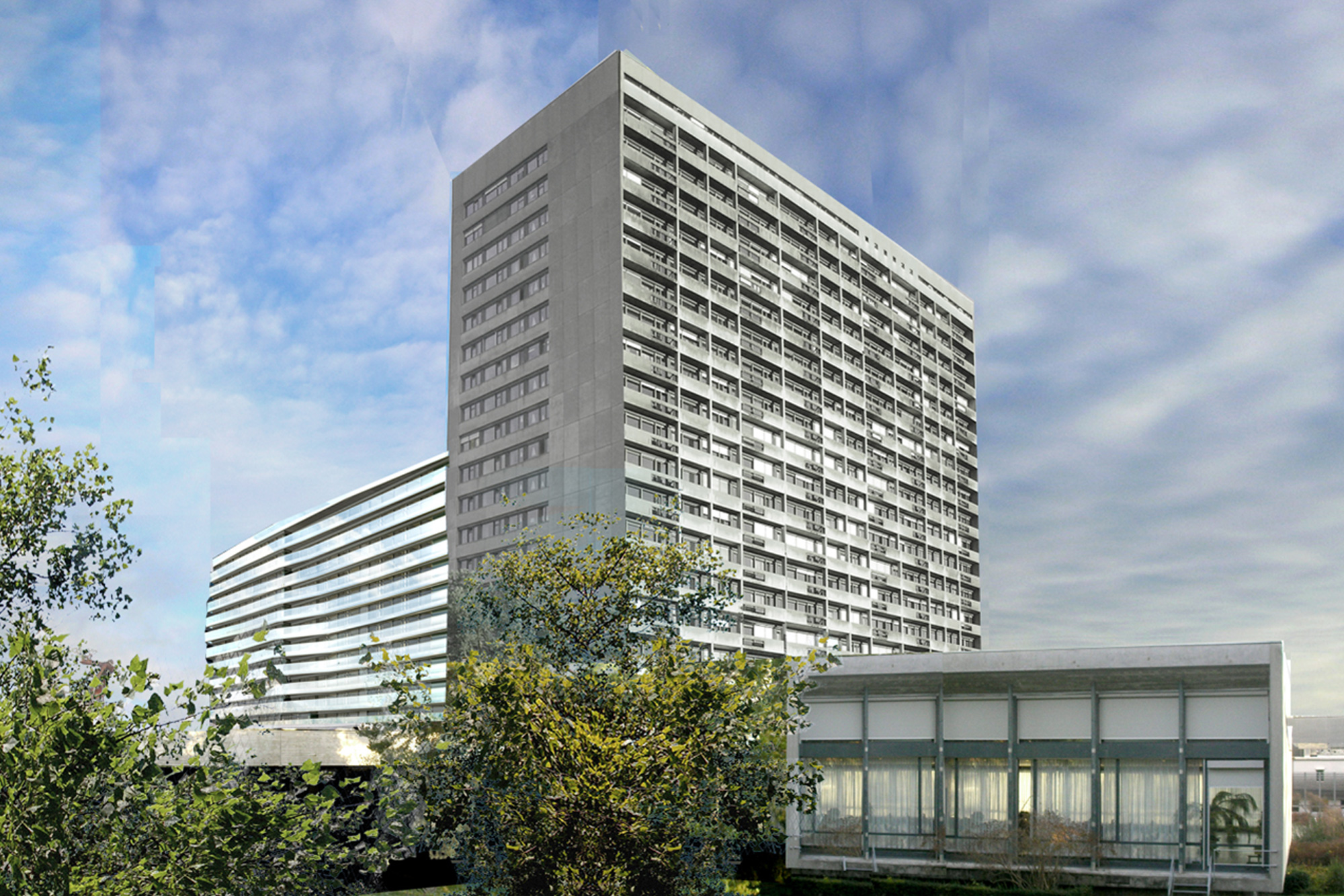 Visualisierung des Turms mit angrenzendem Bettenhaus im Hintergrund (Aeschlimann Hasler Partner Architekten AG, Zürich)